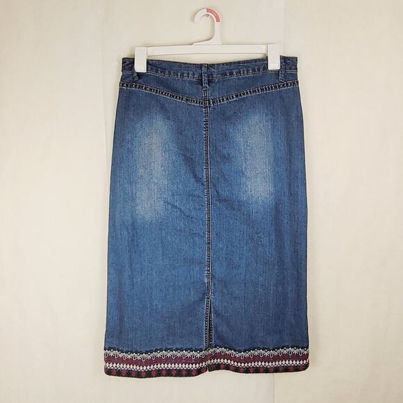 Christopher and Banks embroidered denim midi skirt Size 12 back slit Y2K Boho - Picture 2 of 10